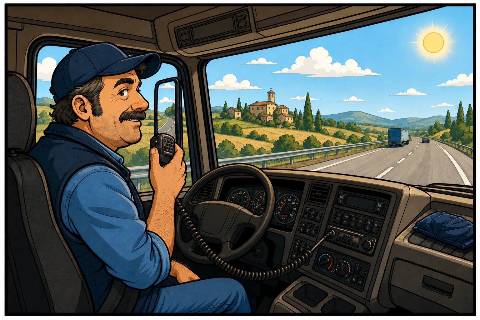 Autista di camion che parla al CB mentre guida